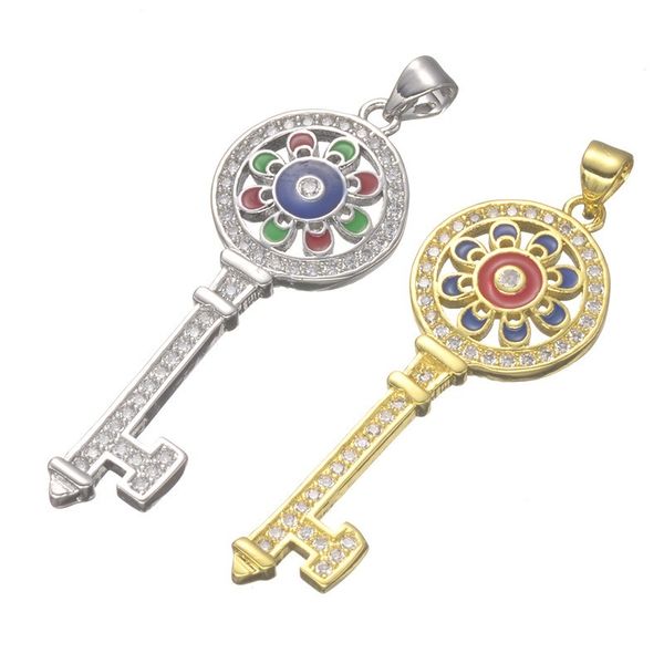 

classic design enameled micro pave flower key pendant for necklace making, Silver