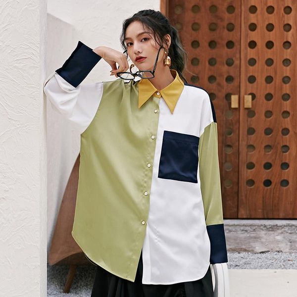 

women's blouses & shirts lanmrem 2021 spring and summer turn-down collar full sleeves pokver single breasted wide big size shirt blouse, White