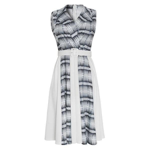 

summer women vintage retro 50s 60s sleeveless grid printed rockabilly pin up skater dress casual swing sundress dresses, Black;gray