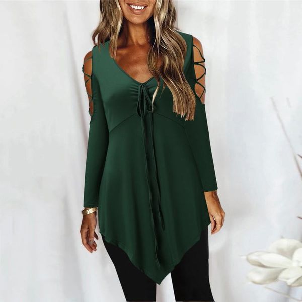 

women's blouses & shirts hollow out blouse casual irregular solid color long sleeve shirt vintage bandage autumn winter pullover, White