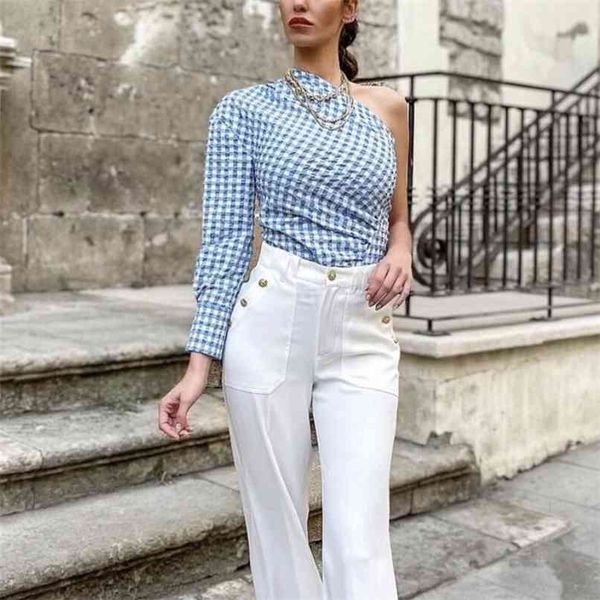 

summer women's casual plaid single sleeve slim irregular shirt 210430, White