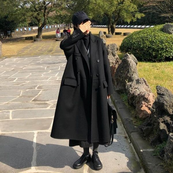 

women's wool & blends hepburn style black woollen coat for winter korean version of loose middle length students thickened knee woolen