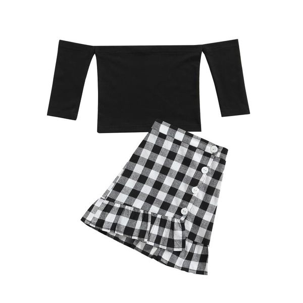 

clothing sets 2 pcs toddler casual outfits, girls off-shoulder solid color long sleeve boat neck pullover + slit plaid skirt, White