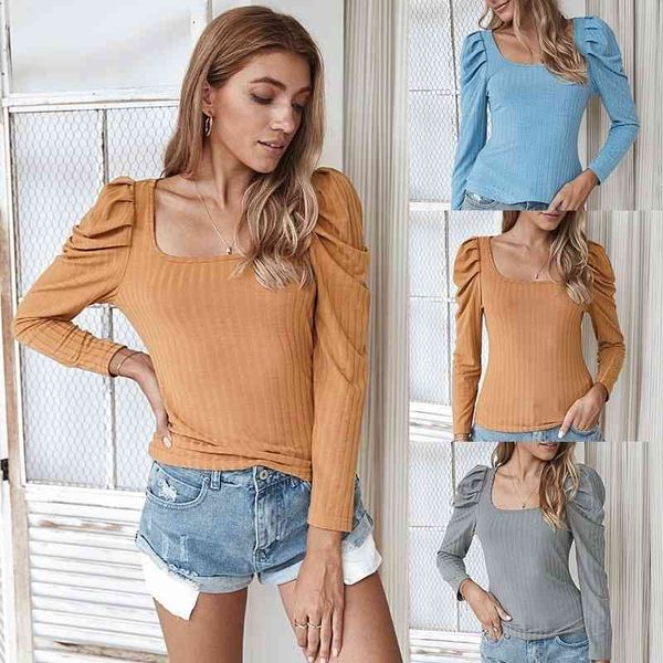 

autumn winter women's solid t shirts fashion women slim long sleeve t-shirts square neck office lady pullovers tees 210603, White