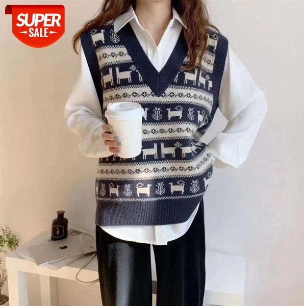 

li zhichun japanese retro animal jacquard v-neck sleeveless knitted waistcoat vest female 110305 #jq0i, Black;gray