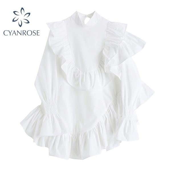 

ruffle spliced design loose crop dress mock collar vintage elegant mini vestidos mujer white&black mori girl korean frocks 210515, Black;gray