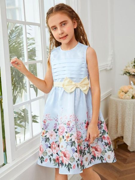 

girls floral print big bow front dress she, Red;yellow