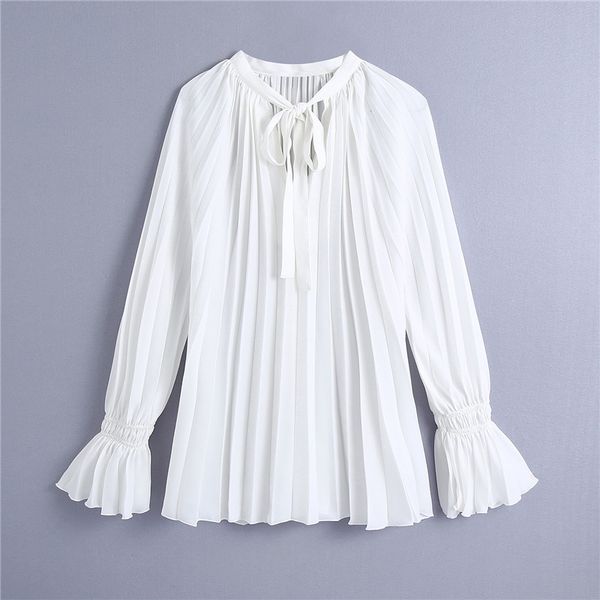 

blsqr fashion v neck lace up pleated smock blouse women office ladies flare sleeve shirts chic white 210430