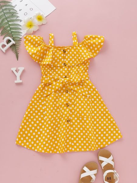 

toddler girls polka dot open shoulder belted a-line dress she, Red;yellow