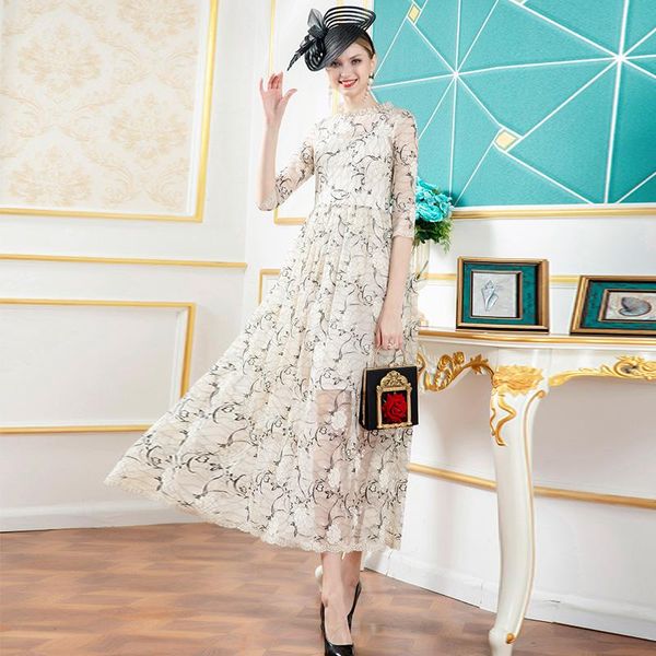 

casual dresses 2021 lace summer long dress office lady women hollow out printed england style ankle-length ball gown dz2758, Black;gray