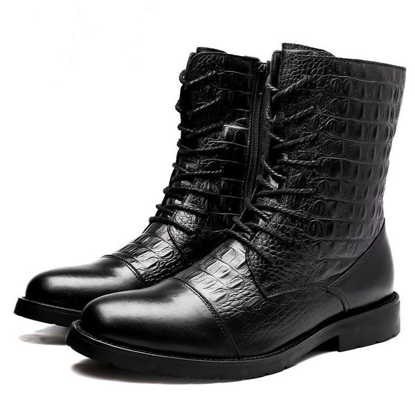 

boots full grain leather men large size zip motorcycle lace-up work shoes man zy701, Black