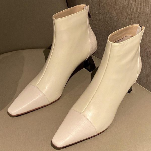 

boots women's genuine leather pointed toe thin high heel back zip autumn ankle quality soft short booties shoes, Black