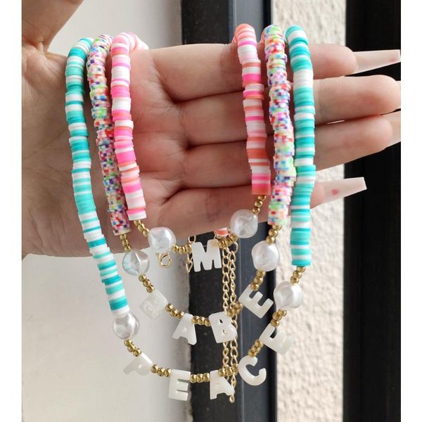 

chokers custom shell letter initial choker clay beaded necklace for women rainbow bead strand pearl name necklaces diy jewelry gift 2021, Golden;silver