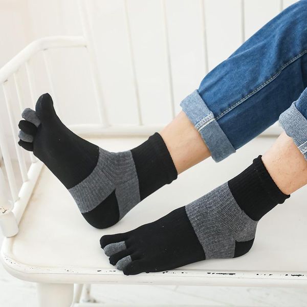 

men's socks large size five finger for men pure cotton striped colorful party dress long with toes street fashion breathable, Black