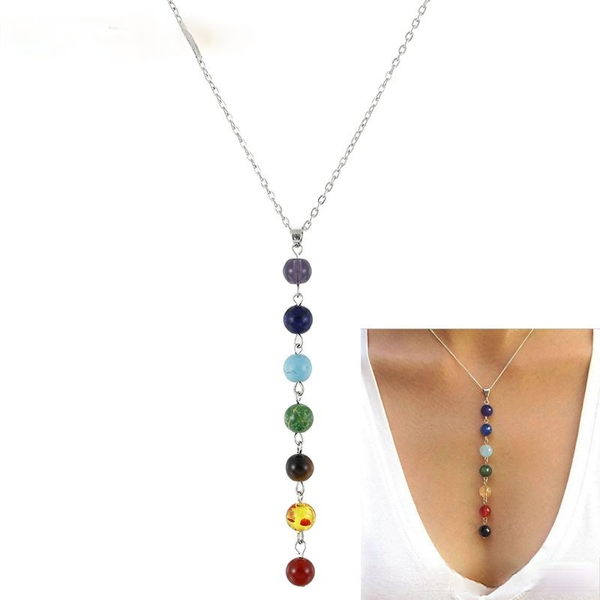 

silver color simple style 7 chakra multicolor natural stone beads pendant necklace long chain for women charm collier collares yoga jewelry