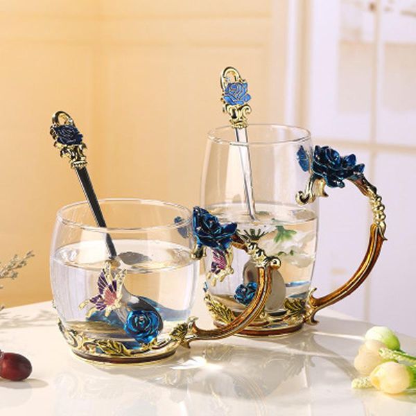 

rose cups color enamel glass cup transparent flower tea whisky brandy home party decoration drinking ware accessory wine glasses