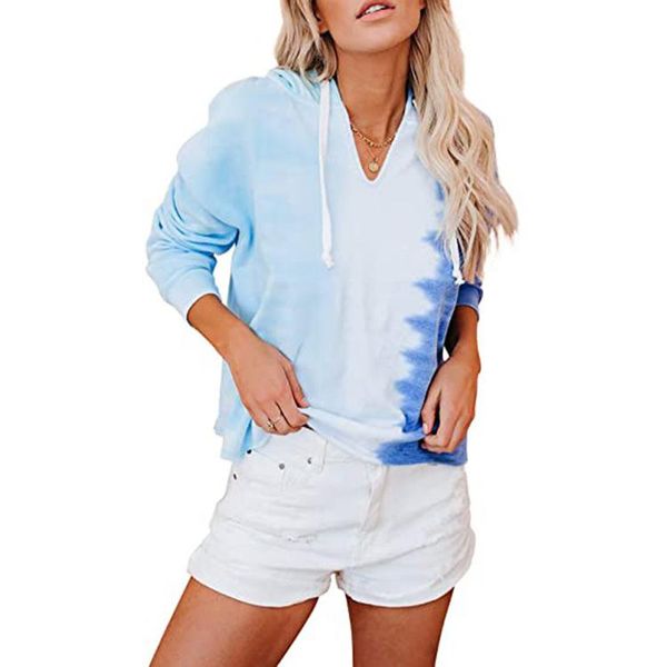 

women's v-neck hooded long sleeve pullover sweatshirt shirt tie-dye gradient color casual sweater full fashion hoodies & sweatshirts, Black
