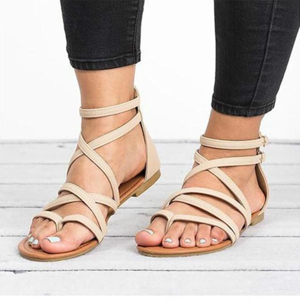 

drop summer women pu sandals narrow band buckle design cover heel flat with shoes female gladiator flats 2021, Black