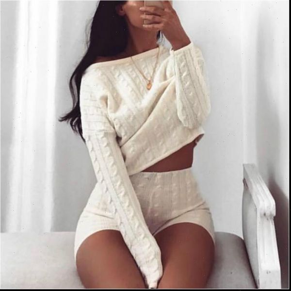 

two piece set knitted women tracksuits long sleeve crop bodycon shorts suit 2 outfits, Gray