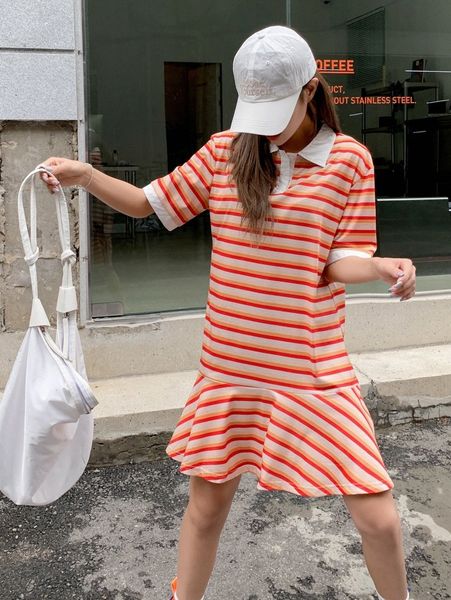 

dazy stripe polo neck ruffle hem smock dress v4ep#, Black;gray