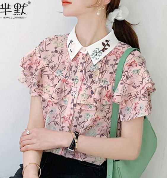 

women's blouses & shirts summer chiffon blouse women sweet pink shirt short sleeve female elegant floral clothes plus size blusas, White