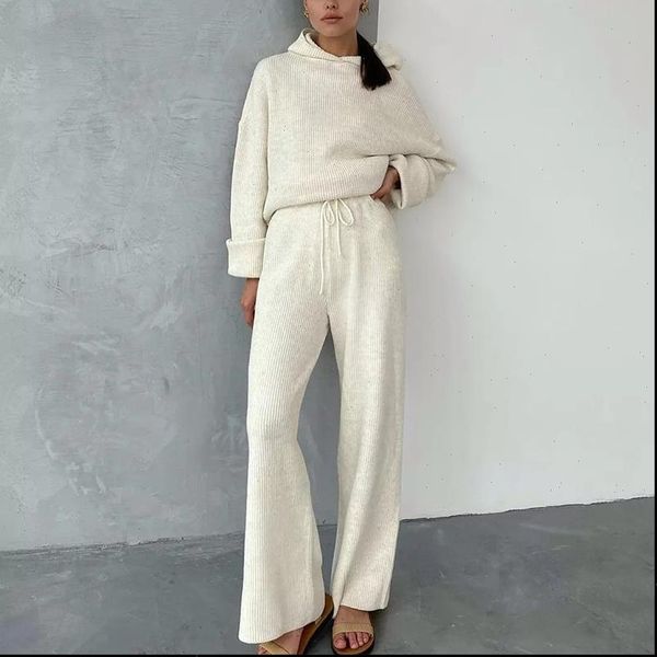 

fashion loose solid casual autumn women tracksuits knitted two piece set long sleeve pockets hoodie high waist drawstring pants, Gray
