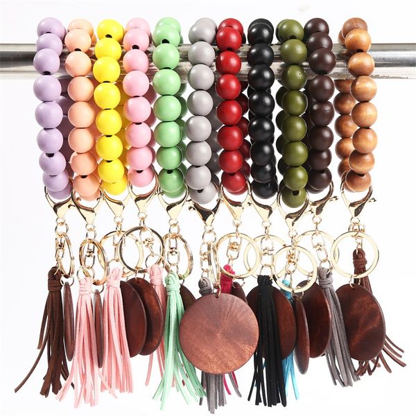 

cross-border beaded wooden bead keychain fashion personalized disc tassel bracelet key ring female multi-color optional, Silver