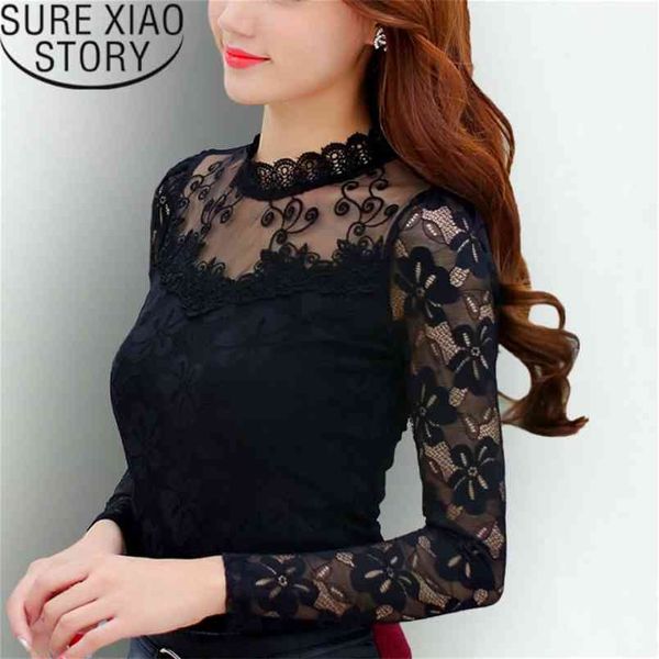 

womens blouses white shirt lace hollow out stand long sleeve shirts pullover plus size korean 2305 210421