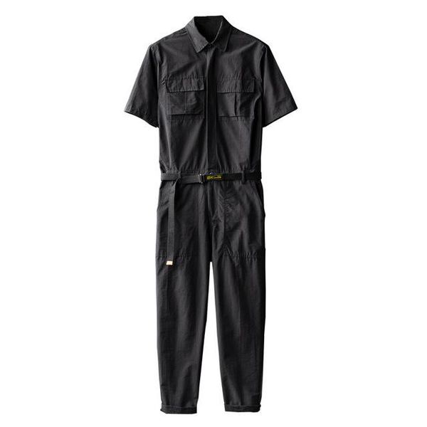 

mens linen blend summer jumpsuit men work wear one piece belt overalls casual short sleeve rompers pockets cargo pants trousers men's, Black