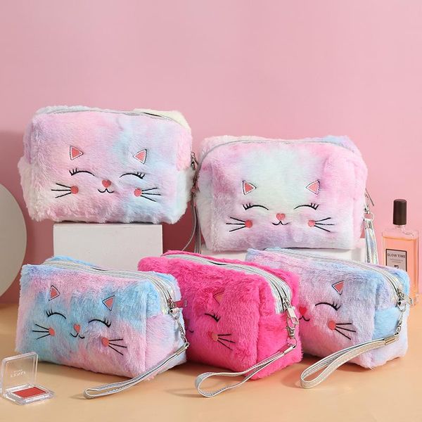 

pc fur cute cat cosmetic bag for women plush girl makeup female beauty case travel portable toiletry bags & cases