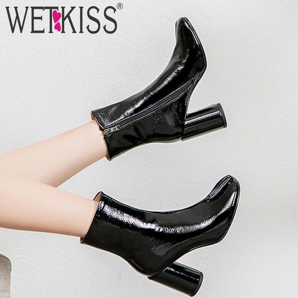 

boots wetkiss finger women high heels thick booties square toe shoes female cow leather ladies design winter 2021, Black