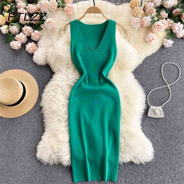 

women knitting bodycon dress summer elegant v-neck sleeveless office dresses ladies casual sheath retro robe 210525, Black;gray