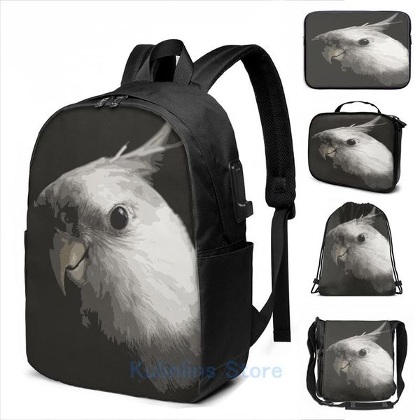 

backpack funny graphic print cockatiel usb charge men school bags women bag travel laptop