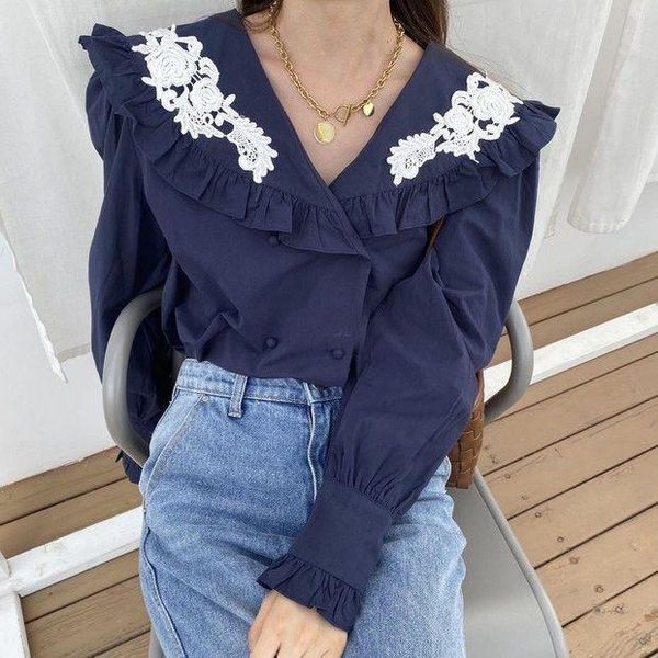 

women vintage flower embroidery turn-down collar shirt chic double breasted femme blusas puff sleeve blouse 371 women's blouses & s shi, White