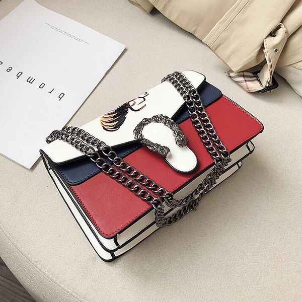 

wholesale women leather chain bag summer joker silver buckle shoulder bags street trend contrast color handbag sweet and lovely delicate emb, Black;red