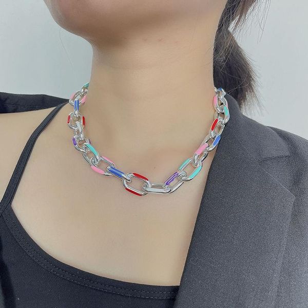 

chains fashion trendy cross chain bangle bracelet bohemian colorful painted aluminum charm necklace jewelry for women, Silver