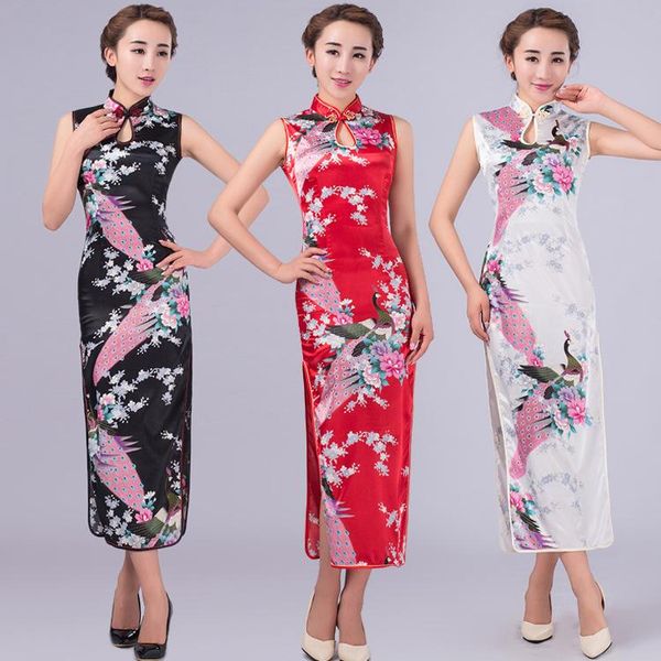 

stand collar women cheongsam peacock female silm party dress vestidos chinese traditional qipao mini 6 ethnic clothing, Red