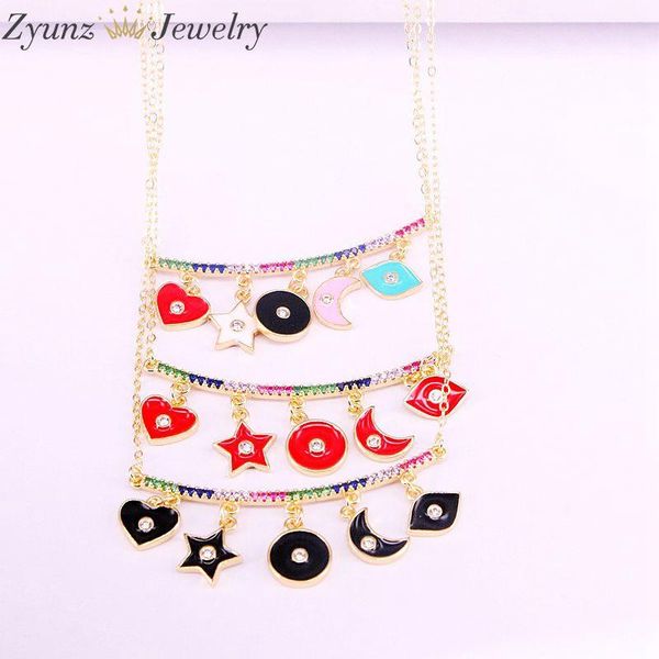 

pendant necklaces 6pcs, 54*19mm, rainbow colorful cz micro pave charm enamel star eye moon heart round charms necklace, Silver