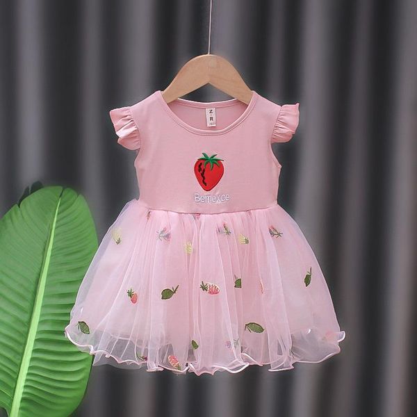 

summer fruit embroidered mesh dresses princess girls dress cute cartoon letter girl kids birthday party clothes girl's, Red;yellow