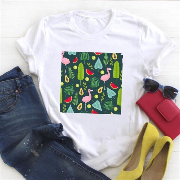 

flamingo watermelon cartoon clothing print women t shirt summer tee clothes womens graphic, White