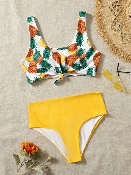 

plus pineapple print knot hem bikini swimsuit i3yx#, Black