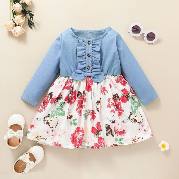 

children's long sleeve dress 2021 new casual girls' printed princess baby skirt, Red;yellow