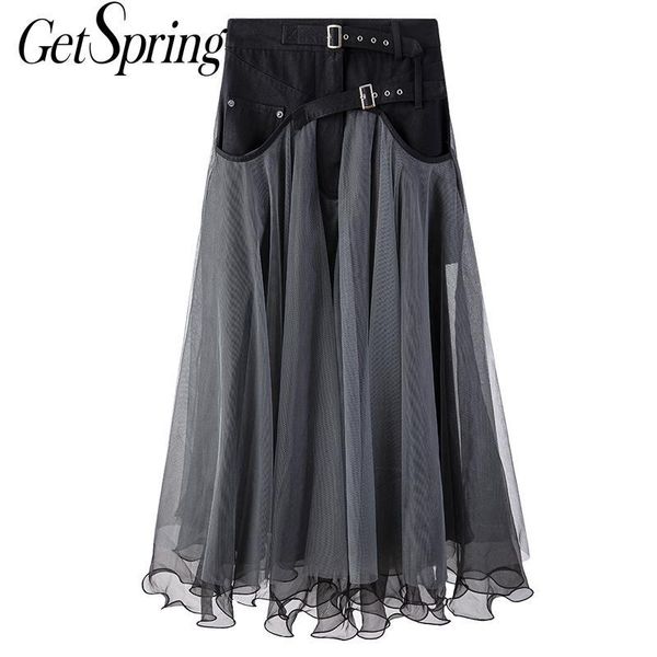 

skirts getspring women skirt denim stitching mesh maxi retro black long all match loose high waist spring 2021