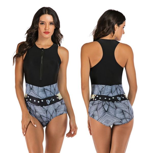 

one-piece suits sleeveless rash guard women zipper one piece swimsuit plus size print swimwear push up swim suit professional monokini black