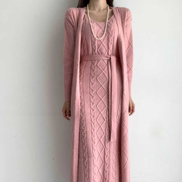 

two piece dress winter thick long twist v neck cardigan sweater belt khaki knitted strap women fashion sets retro elegant chic 4dsd, White