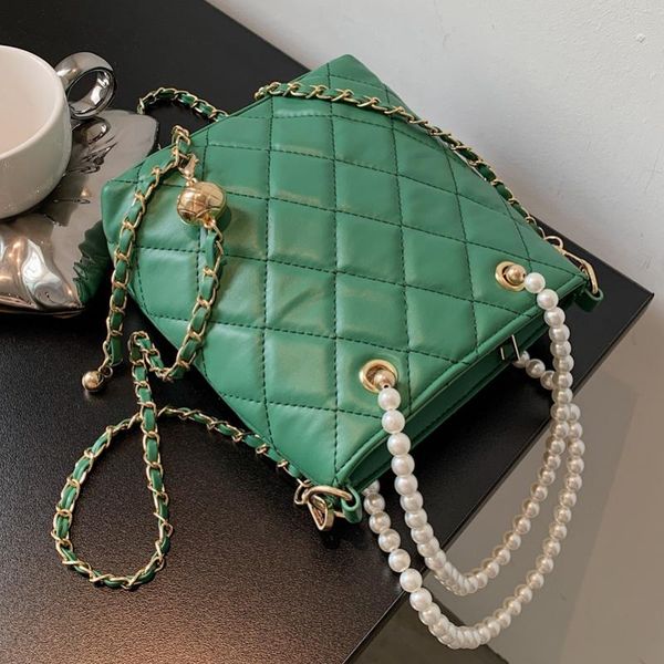 

pearl chain leather bucket bags for women 2021 luxury exquisite strap shoulder handbag pouch large capacity messenger bag evening