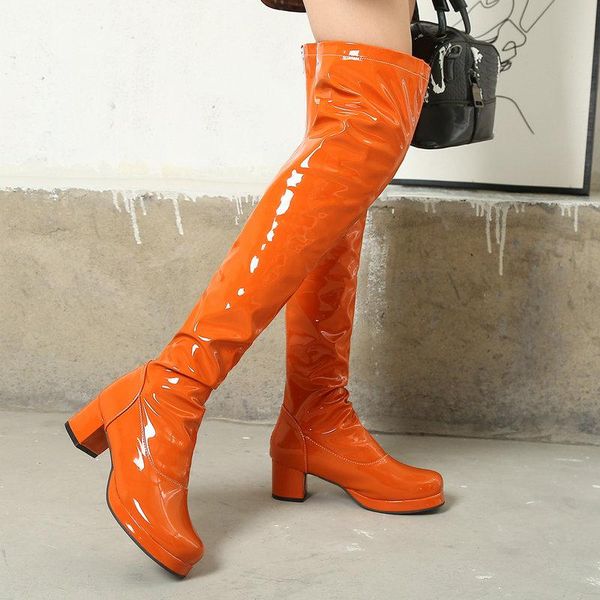

boots fashion candy colors patent leather women thick heel zipper over the knee platform round toe fall winter lady shoes, Black