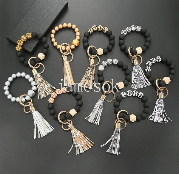 

black frosted wooden bead bracelet keychain fashion pattern tassel pendant bracelets women girl key ring wrist strap 7 colors dd255, Silver