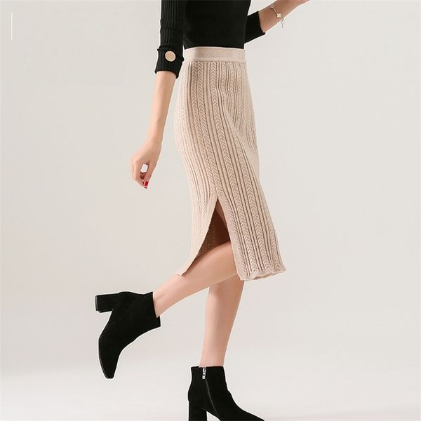 

spring and autumn women's skirt korean style solid color split knitted skirts thin a-line all-match female gx456 210507, Black