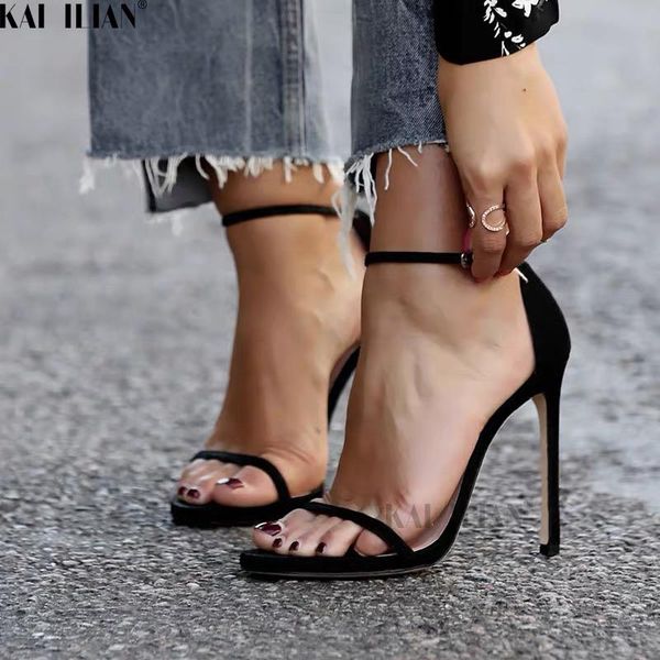 

shoes women sandals high heels 2021 summer pumps ladies stiletto gladiator suede pu leather female, Black